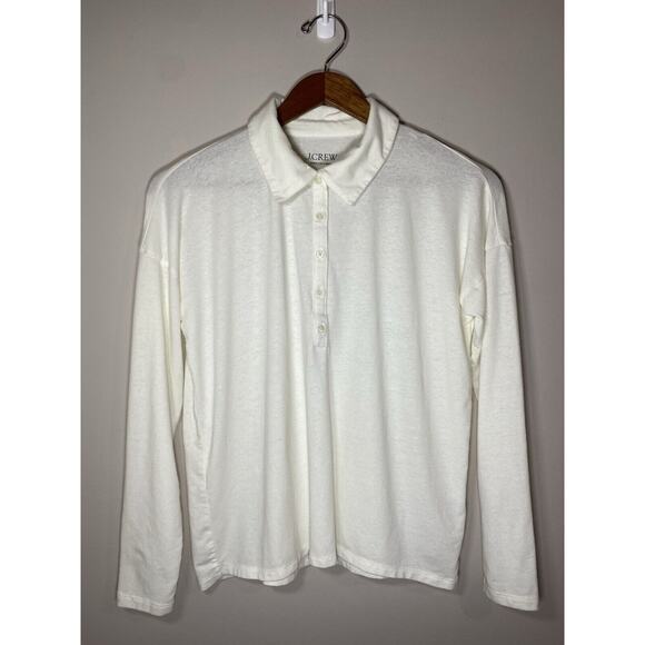 J.Crew‎ Stretch Linen Top Womens S Ivory Relaxed Collared Long Sleeve Polo Shirt - Picture 1 of 4
